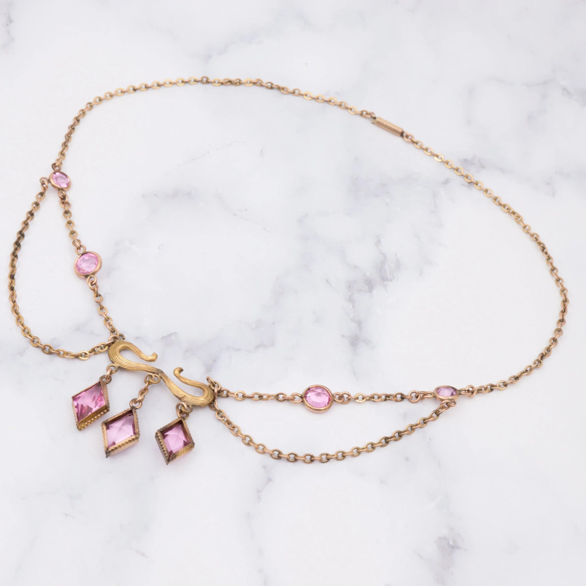 Antique Victorian gold filled pink tourmaline glass festoon necklace, 15.5"